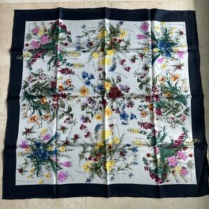 Limited Editions by Osias Vintage Floral 100% Silk Square Scarf with Navy Border
